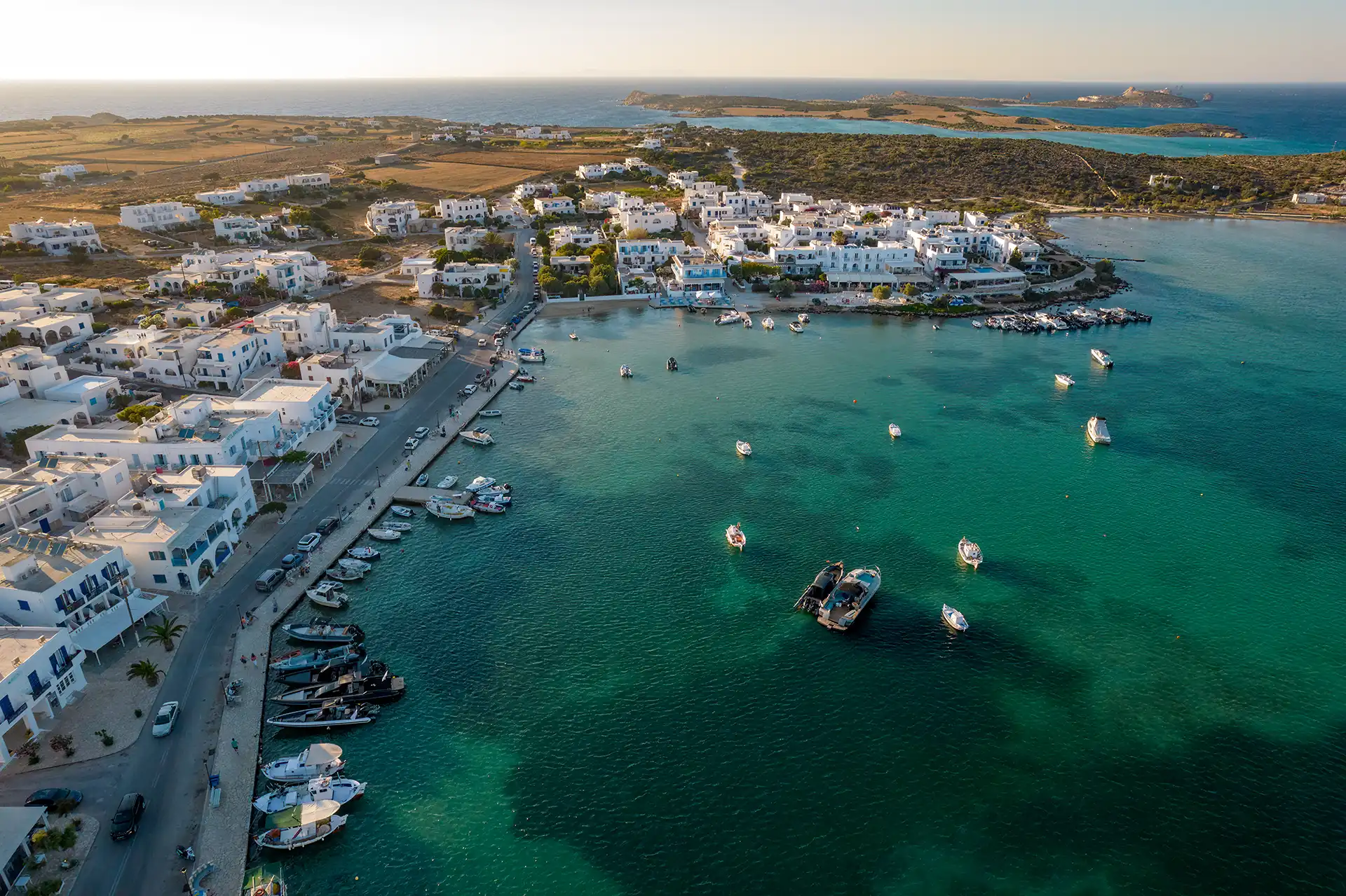 Aerial panorama view of antiparos with the traditional white houses in cyclades , Greece.