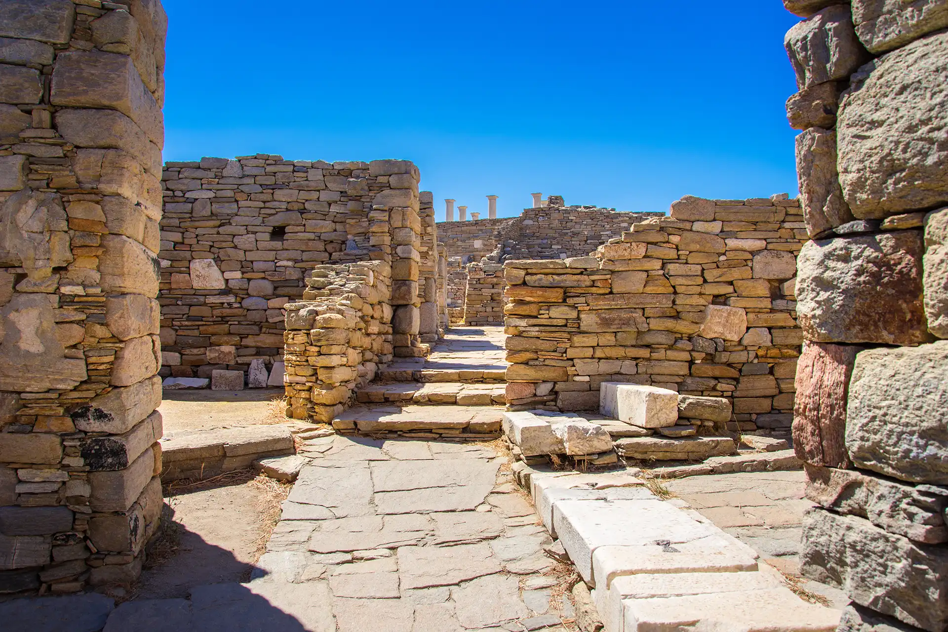 Ancient ruins in the island of Delos in Cyclades, one of the most important mythological, historical and archaeological sites in Greece.