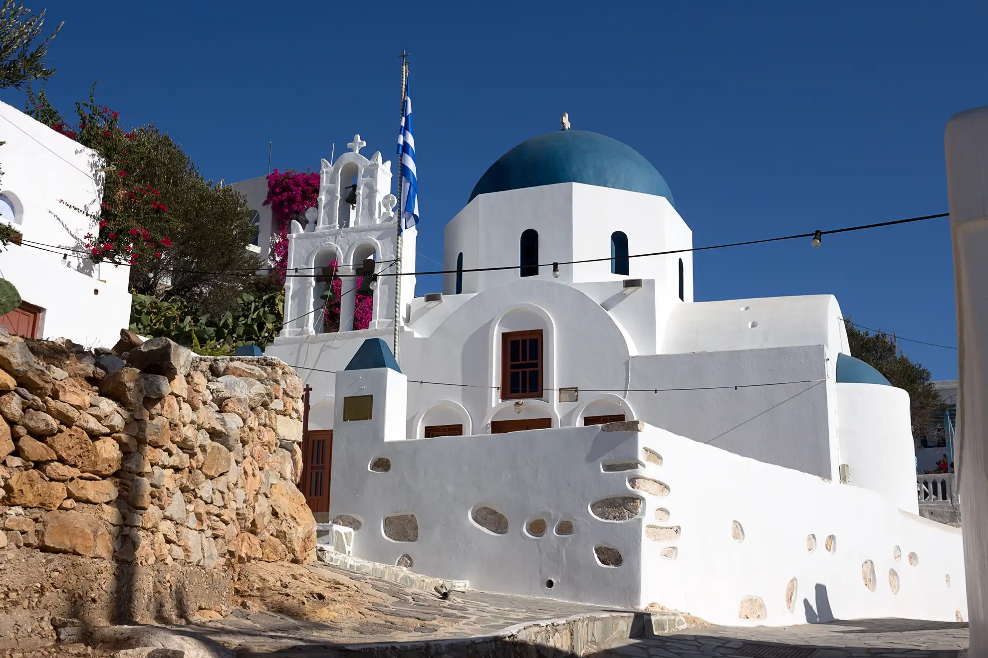 Donousa, Stavros village - Holy Cross, the parisch church with the blue dome, South Aegean, Small Cyclades.