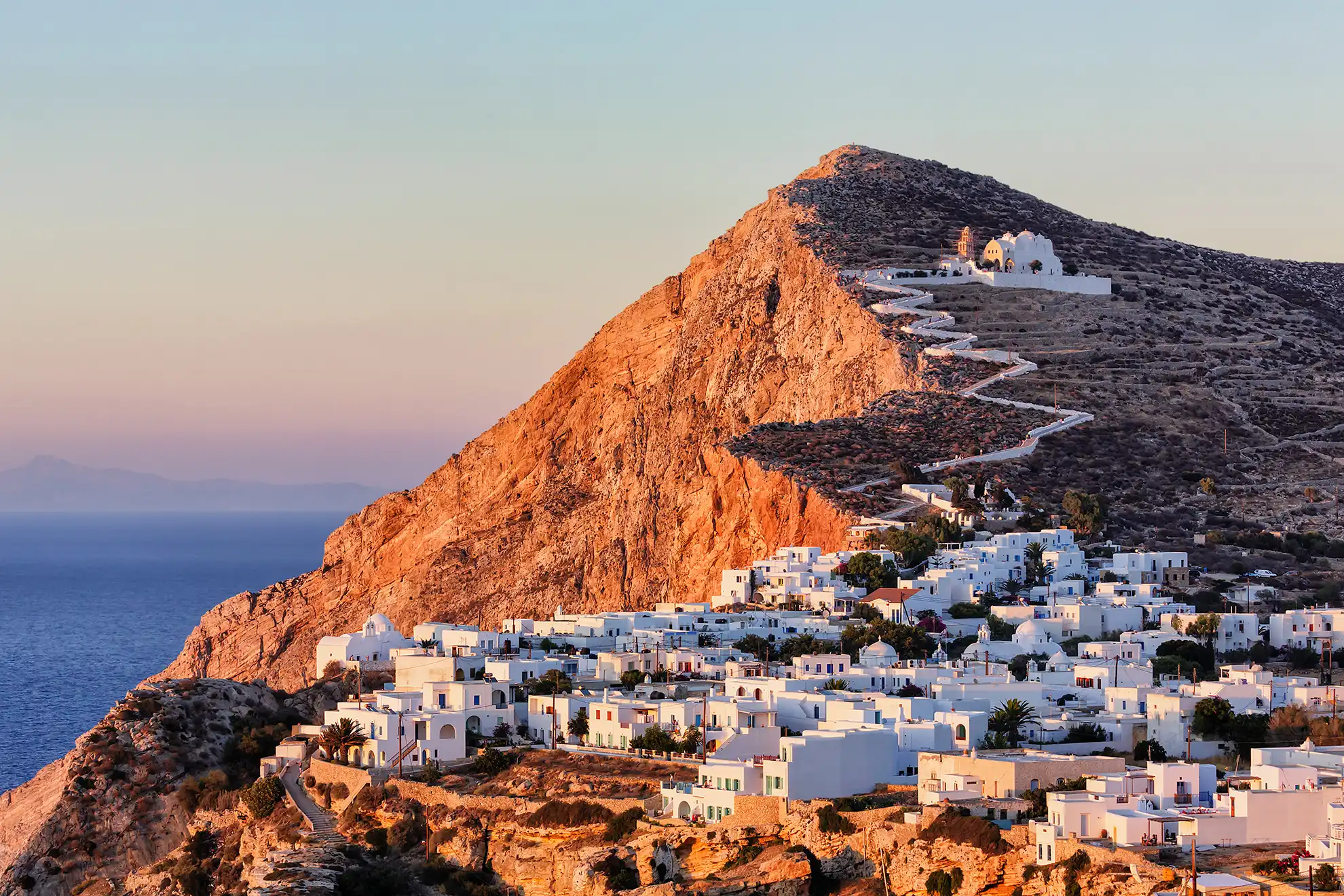 Folegandros sunset with panoramic view at the main village of folegandros