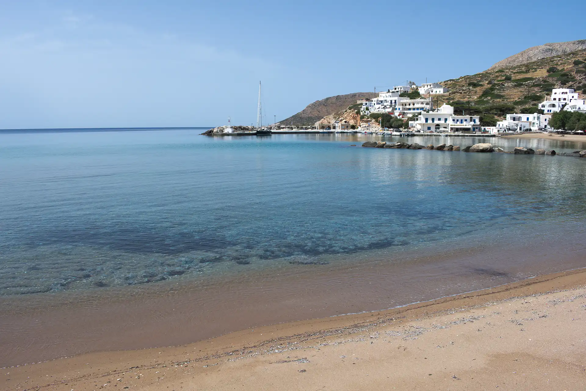 Greece, the quiet island of Sikinos in the Cyclades chain. The harbor beach. A spring day before the summer crowds. The weather is perfect and the beach is your own. See Less
