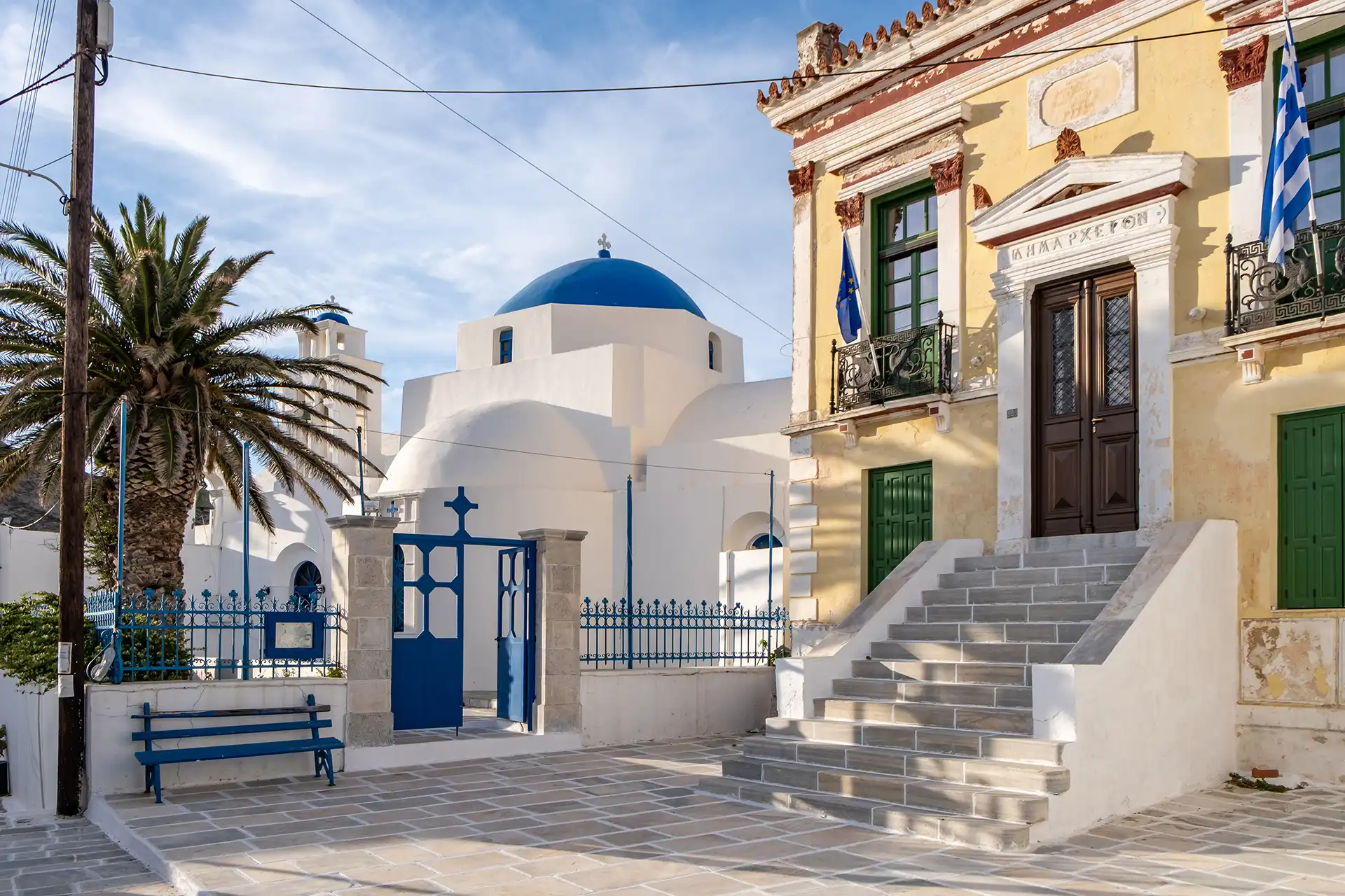 Serifos island, Chora, Cyclades Greece. Town hall and church background