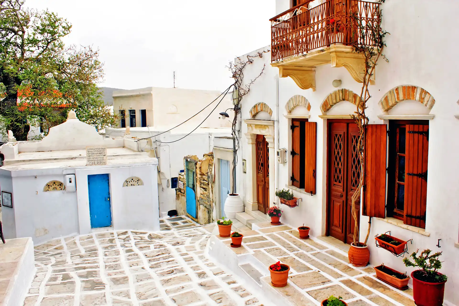 Street scenery at the old village of Pyrgos in Tinos island, Cyclades, Greece.