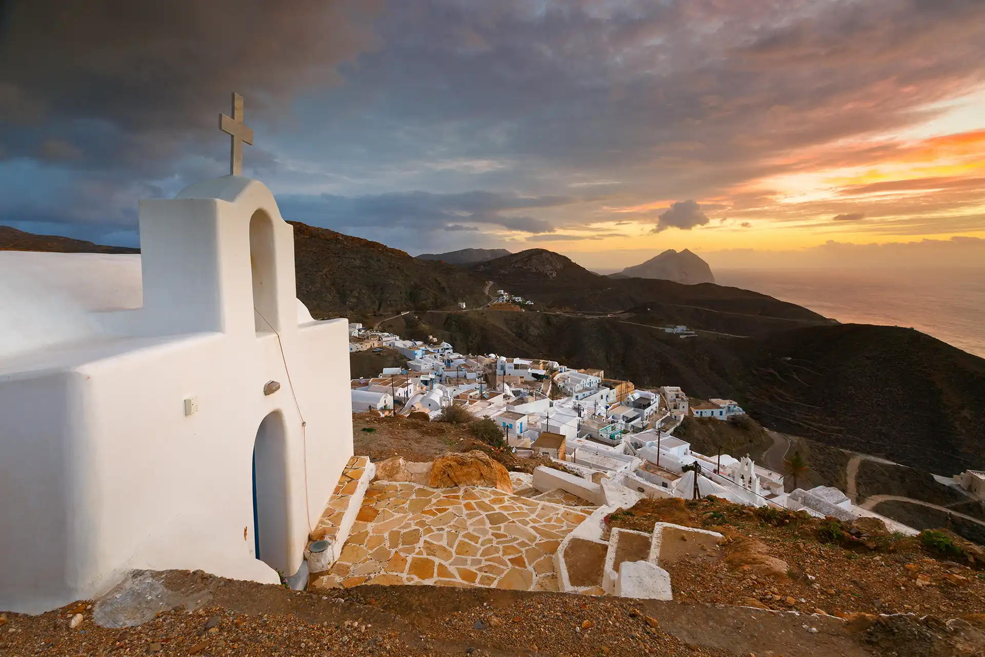 View of Chora village on Anafi island in Greece.
